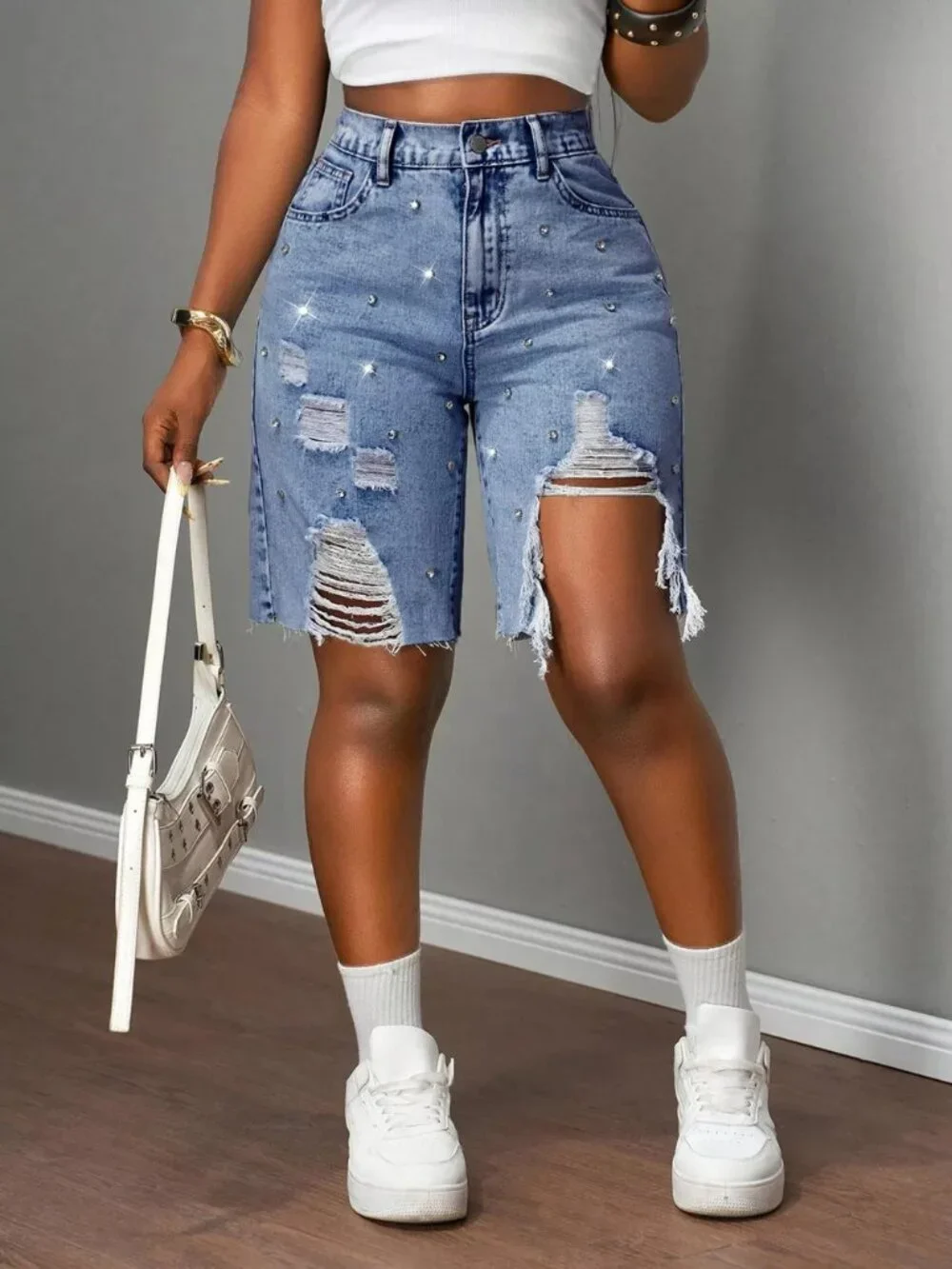 Distressed Rhinestone Denim Shorts - Picture 2 of 8